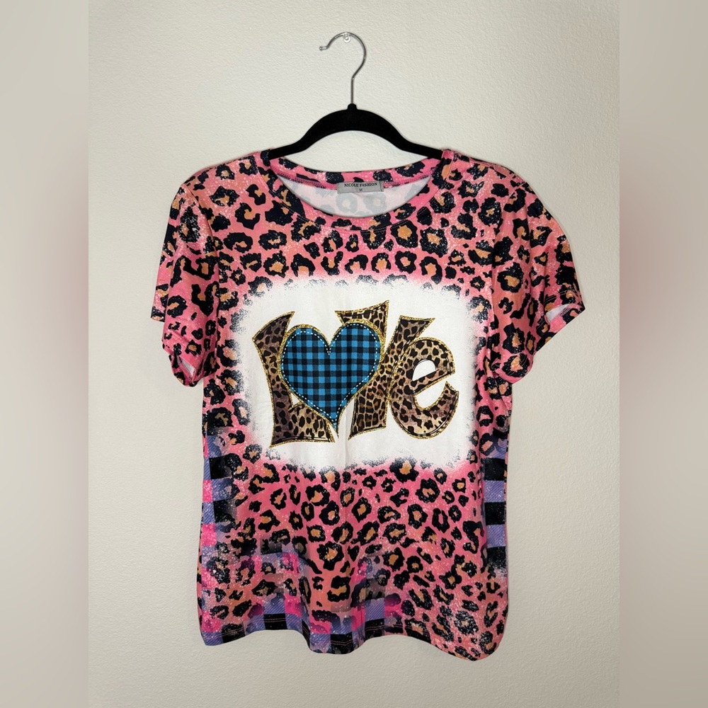 Pink Leopard Print T-Shirt with Heart Design